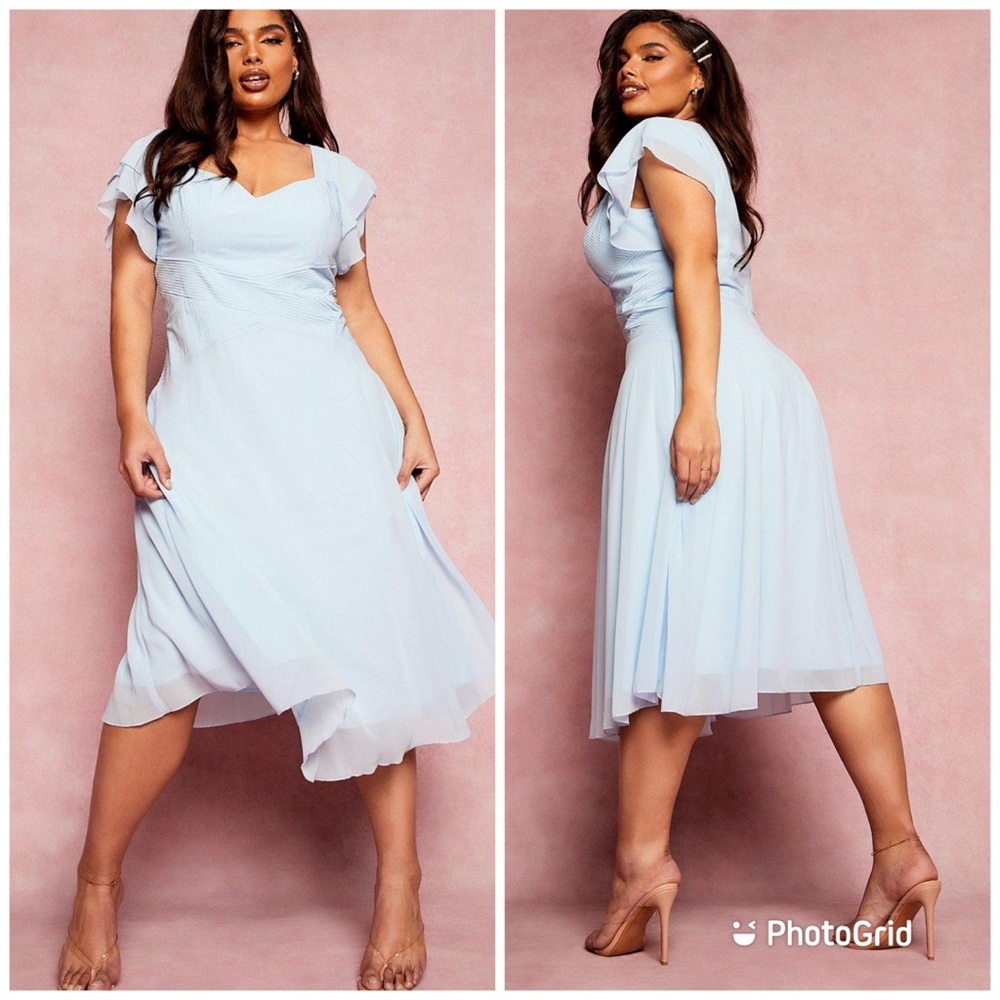 PLUS OCCASION ANGEL SLEEVE CHIFFON MIDI DRESS IN PASTEL BLUE